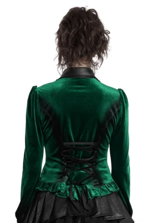 Emerald to black velvet gothic blouse back view showcasing corset-style lace-up cross strap detail and ruffled hem
