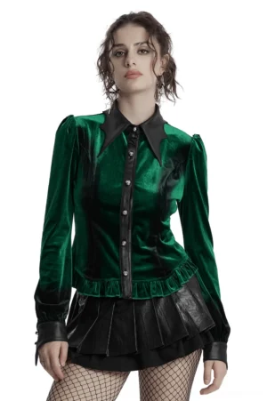 Emerald velvet bat collar gothic blouse with gradient ombre design, front full-body view worn by model
