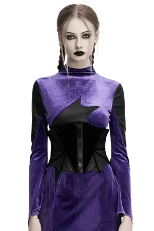 Black bat wing corset belt with front zipper design and velvet fabric, modeled in front half-body view with gothic braided hairstyle