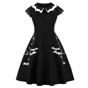 Black gothic A-line dress with white bat embroidery front view, scalloped white collar trim, empire waist cut, short cap sleeves