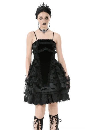 Black bat print ruffle gothic slip dress front full view - alternative fashion