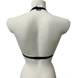 Black bat harness bra back view - rear neckline strap, adjustable waistband, metal adjustment rings, gothic open chest harness for women