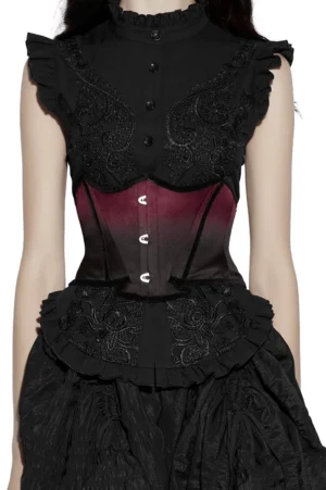 Female model wearing black burgundy gradient bat wing underbust gothic corset with lace top - frontal view