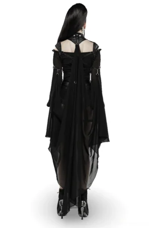 Gothic batwing cape back view showing sheer chiffon train and harness-style neckline