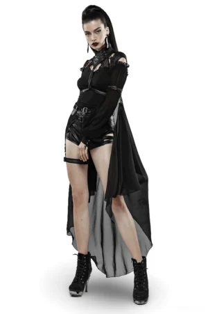Black cracked PU batwing cape with chiffon train, front full-body view on model