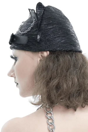 Side profile view of black gothic bat wing beanie displaying rear adjustable strap and metal chain accents