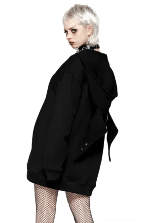 Oversized batwing hoodie back view showing rear bat wing hood detail and loose fit silhouette on goth model