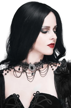 Gothic punk beaded choker with gem pendant and layered chain details - side profile
