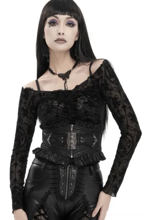 Gothic beaded corset belt with lace-up back and front zipper worn by model in full-body front view on white background