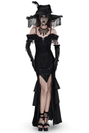 Black beaded off-shoulder gothic dress with ruffled layers on female model, front view