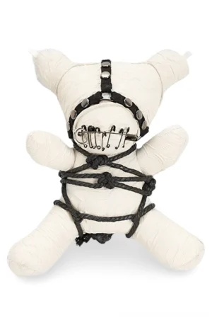 Gothic bondage bear plush pendant front view with safety pin mouth and black rope detailing
