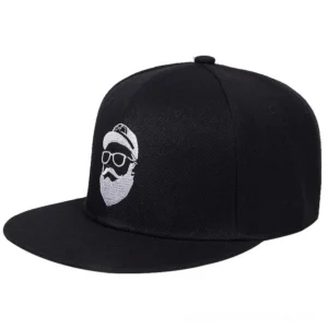 Black gothic snapback cap with bearded character embroidery, front three-quarter view, premium cotton twill construction, unisex alternative style