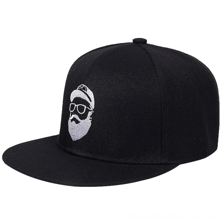 Black gothic snapback cap with bearded character embroidery, front three-quarter view, premium cotton twill construction, unisex alternative style