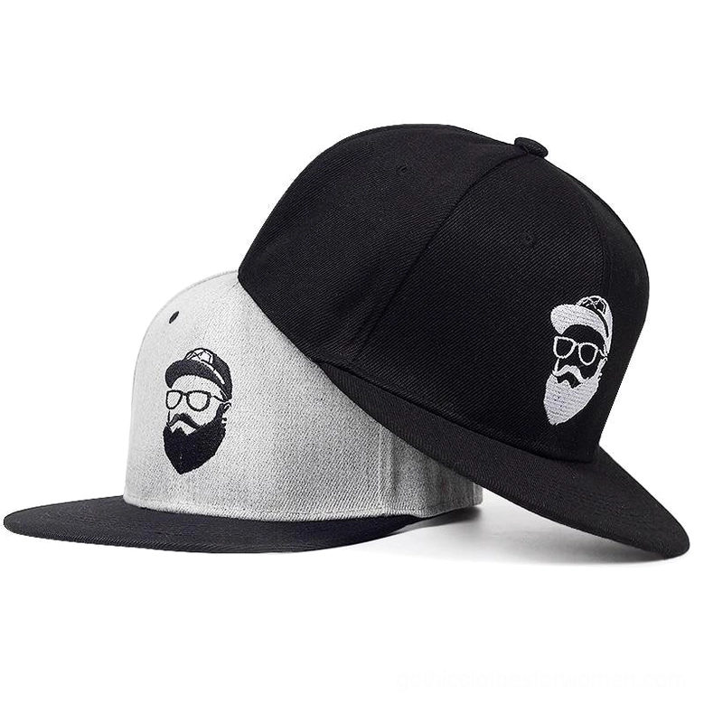 Black and heather grey gothic snapback hats stacked together, featuring embroidered bearded character artwork, side-front angle