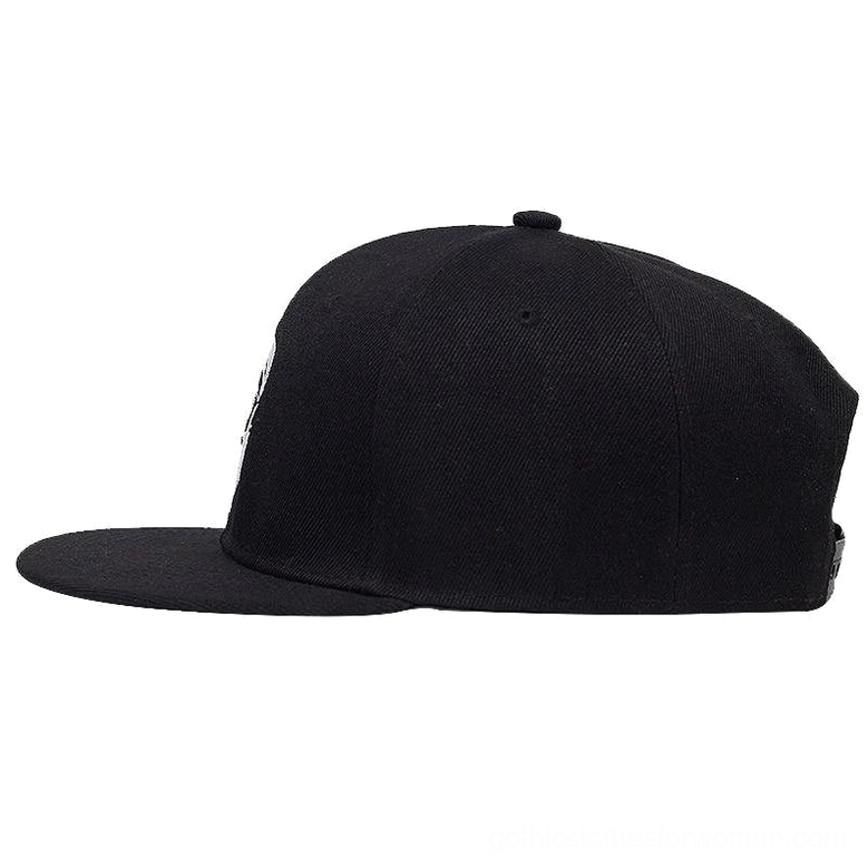 Black gothic snapback cap rear view showing adjustable snap closure, alternative rock style headwear