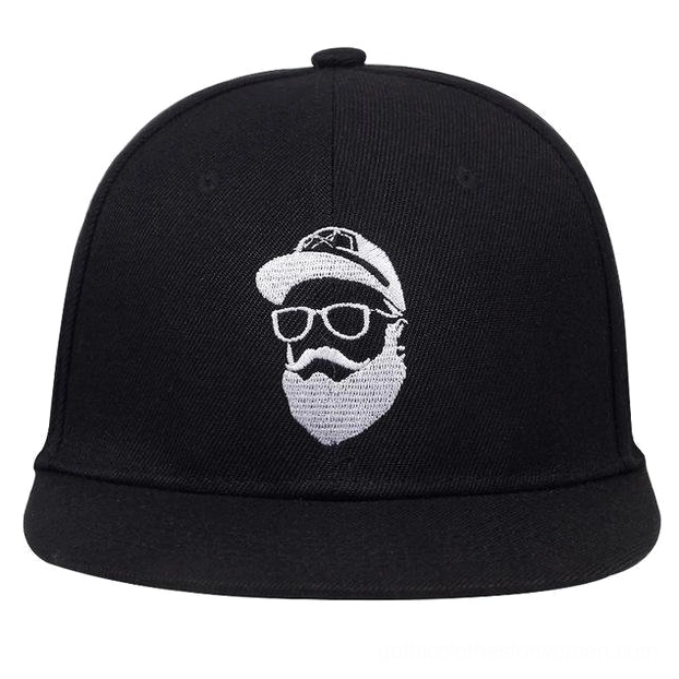 All-black gothic snapback cap with white bearded character embroidery, front view, unisex alternative hat design