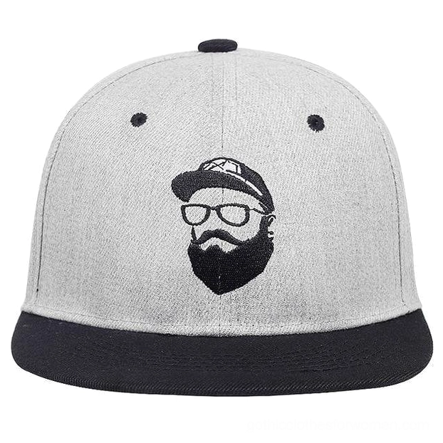 Heather grey gothic snapback cap with black bearded character embroidery, front three-quarter view, two-tone construction