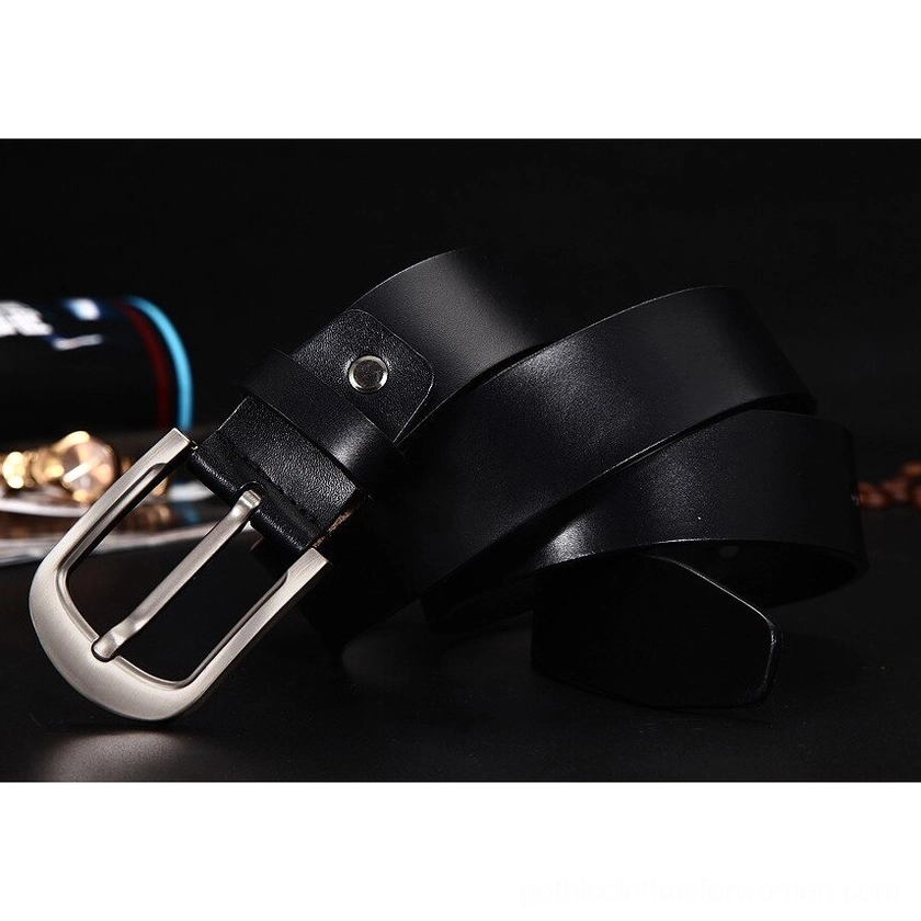 Black leather gothic belt with smooth finish and metal accessories displayed, side view showing buckle craftsmanship
