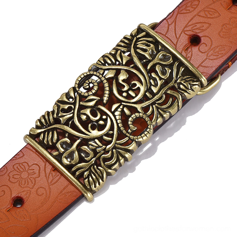 Detailed close-up of genuine leather gothic belt with antique bronze hollow floral buckle hardware