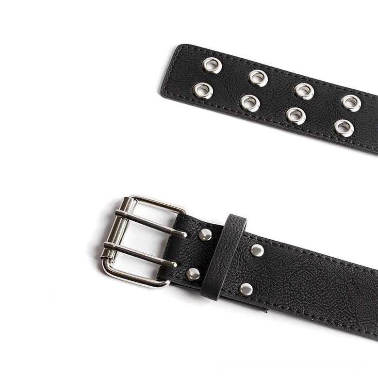 Gothic rivet grommet belt with metal eyelets and adjustable pin buckle, detailed close-up of hardware and craftsmanship