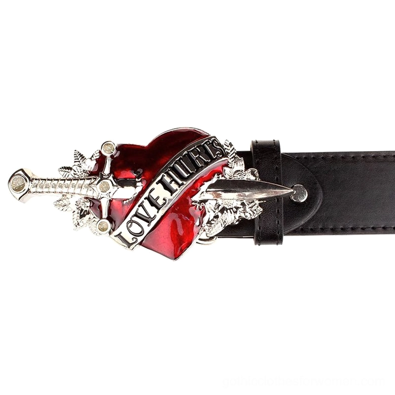 Gothic leather belt side flat view displaying complete heart and dagger buckle with Love Hurts lettering