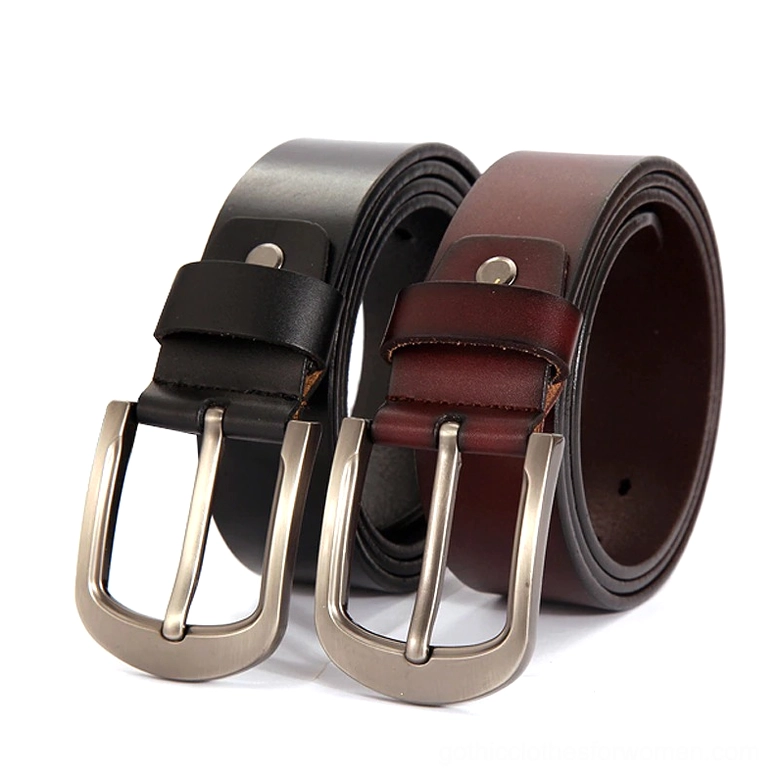 Comparison of black and brown genuine cowskin gothic belts with metal pin buckles, top-down view showing color contrast