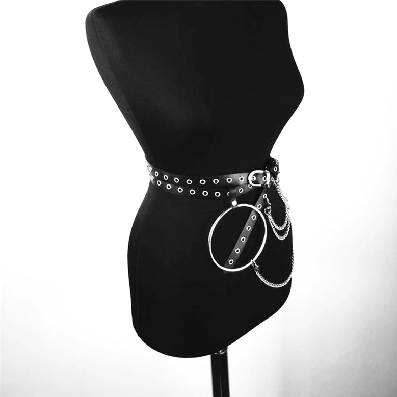 Black PU leather gothic belt with eyelet details and short chain tassels, right side profile