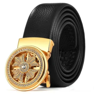 Black leather gothic belt with gold rhinestone rotary automatic buckle - premium cowskin lychee texture overhead shot