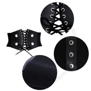 Close-up detail shots of black corset belt lace-up holes, metal grommets, and textured elastic fabric construction