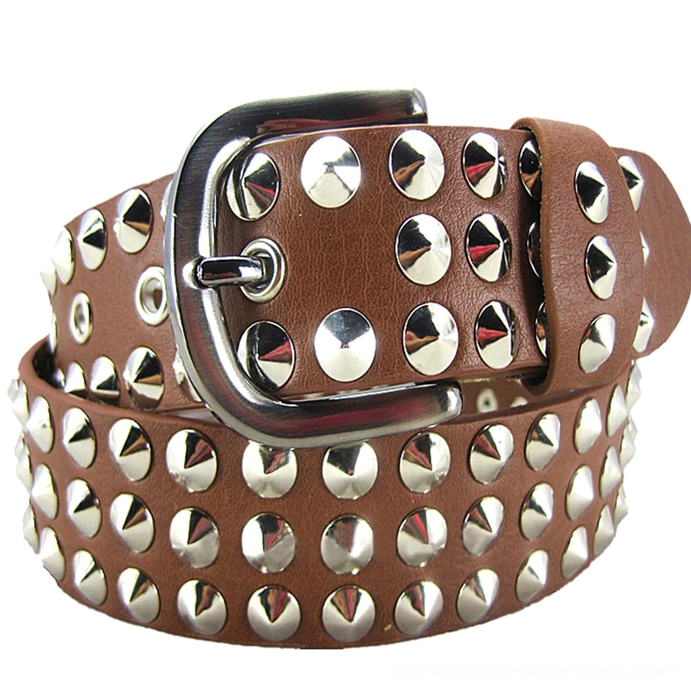 Light tan faux leather gothic punk belt with silver dome rivets and adjustable sizing
