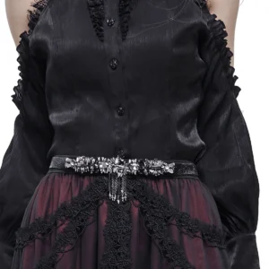 Gothic crystal tassel belt styled with black ruffled top and burgundy skirt, front waist detail
