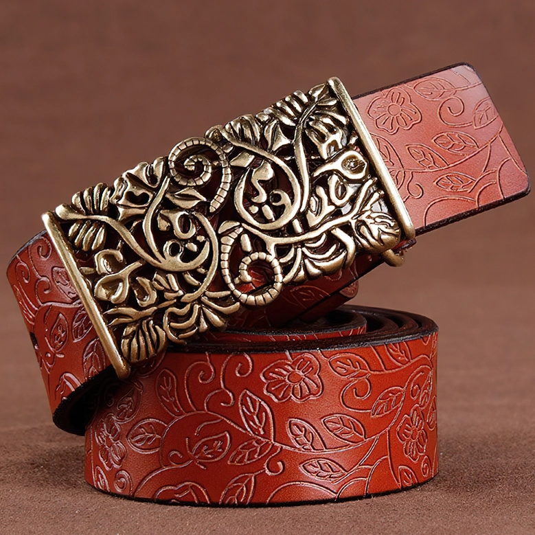 Genuine leather gothic belt with decorative hollow flower buckle, lifestyle styling showcase
