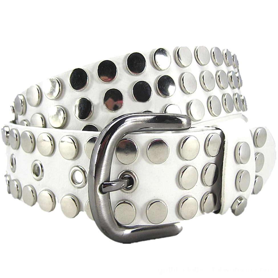 Tan studded gothic belt with silver dome rivets, adjustable metal buckle, dark fashion style