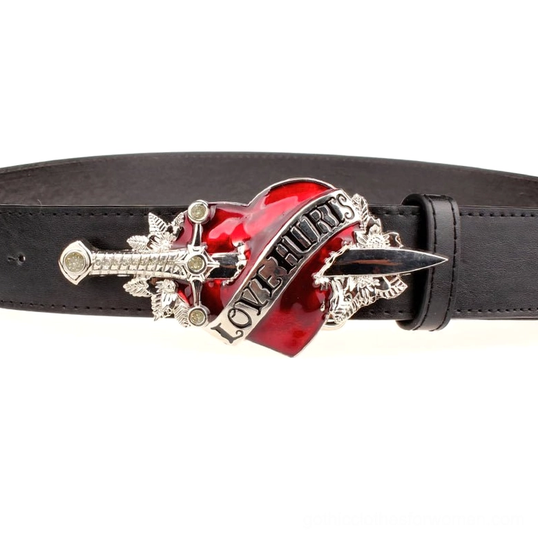 Black gothic leather belt top view showing full length, width measurements, heart dagger buckle design overhead perspective