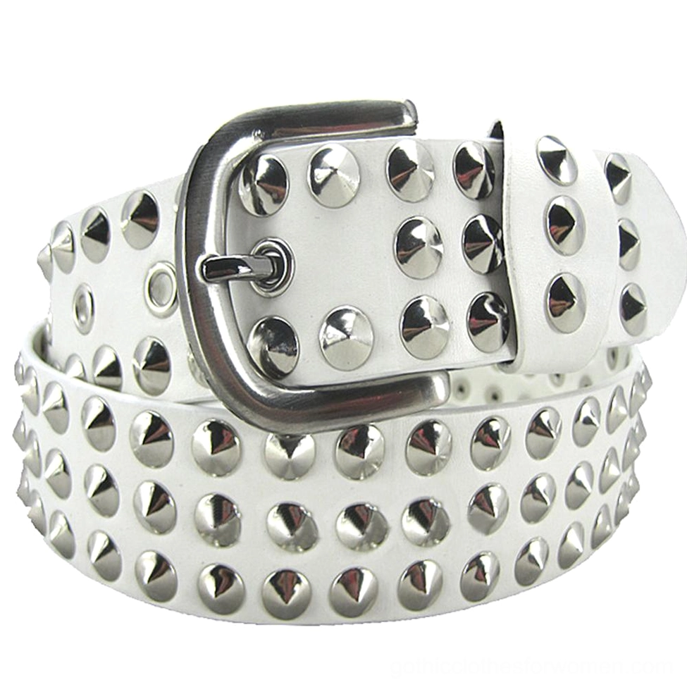 White leather gothic studded belt with silver dome rivets, unisex adjustable punk rock style