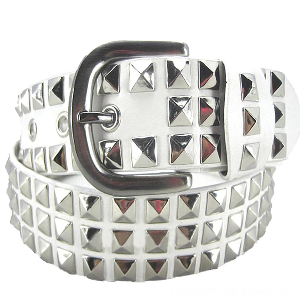 White studded gothic belt with silver square pyramid rivets, adjustable goth fashion accessory