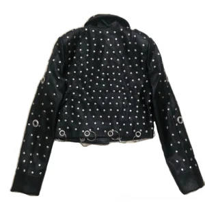 Back view of gothic studded leather jacket showing full rivet pattern and crystal-embellished hem grommets