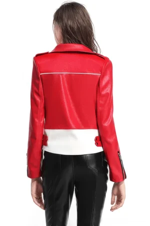 Red and white faux leather gothic moto jacket back view showing contrasting white lower panel and shoulder epaulets on model