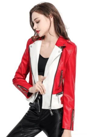 Women's red and white gothic biker jacket front three-quarter view on model, featuring diagonal zipper and color-block faux leather design