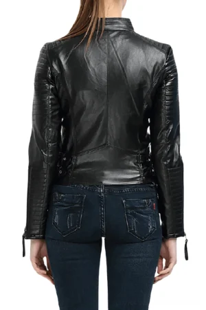 Back view of women's genuine leather gothic moto jacket with stitched panels and side buckles