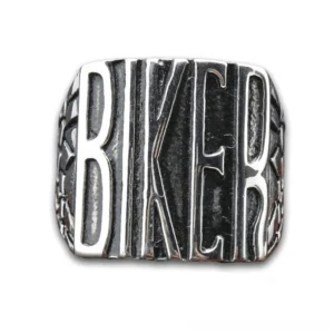 Gothic biker statement ring with bold BIKER engraving, silver stainless steel, front view on white background