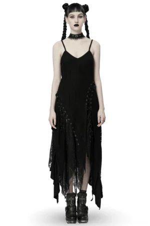 Black asymmetrical pointed gothic dress with mesh overlay and lace details, worn by model with gothic styling and braided hair, full front view