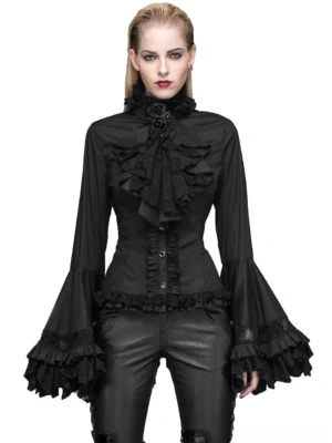 Gothic black bell sleeve blouse with stand-up collar and lace-trimmed bell sleeves worn on blonde model, front view studio shot