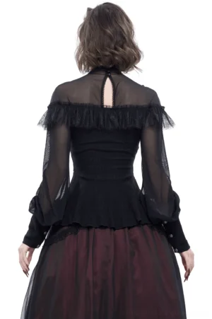 Back view of black gothic sheer blouse showing high neck cutout and fitted waist construction on female model