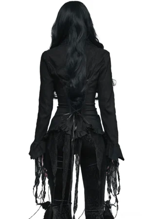 Black gothic chiffon shirt with ribbon lace-up corset back design, rear view on model