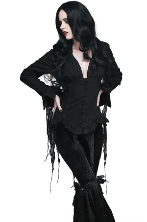 Black deep V gothic chiffon blouse with lace hem and ribbon corset back, front view on model