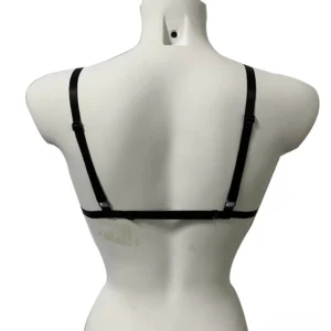 Backless gothic bra design with adjustable black straps and elegant back buckle closure, rear view on white background