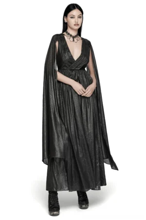 Black gothic cape sleeve chiffon maxi dress with deep V-neckline and floor-length silhouette, front view on model
