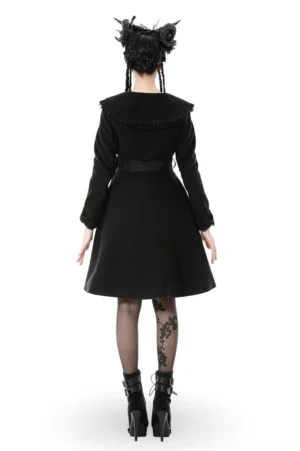 Back view of gothic black coat showing A-line silhouette, decorative waist bow, and ruffled lace collar edge