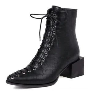 Black crocodile embossed gothic lace-up ankle boots with metal eyelets and square heel, three-quarter studio view